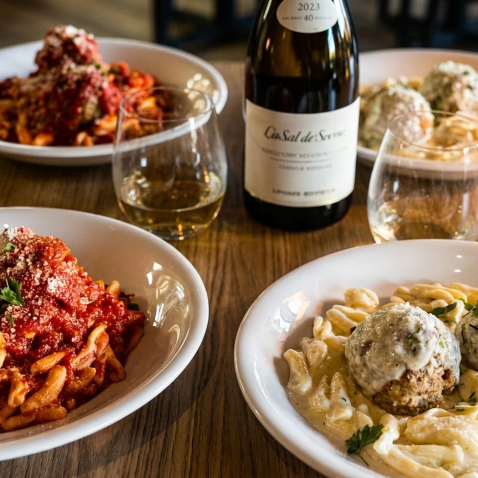 Two pasta dishes with meatballs, one with red sauce and one with white sauce, and a bottle of white wine.