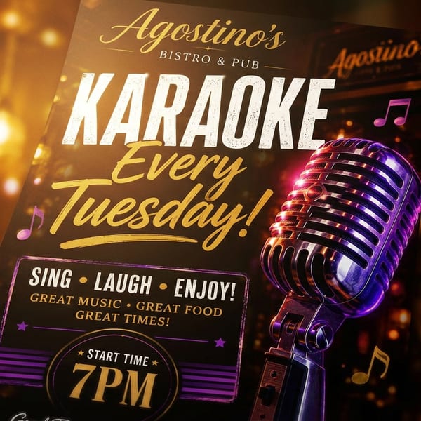 Agostino's Bistro & Pub karaoke flyer with a vintage microphone and glowing lights.
