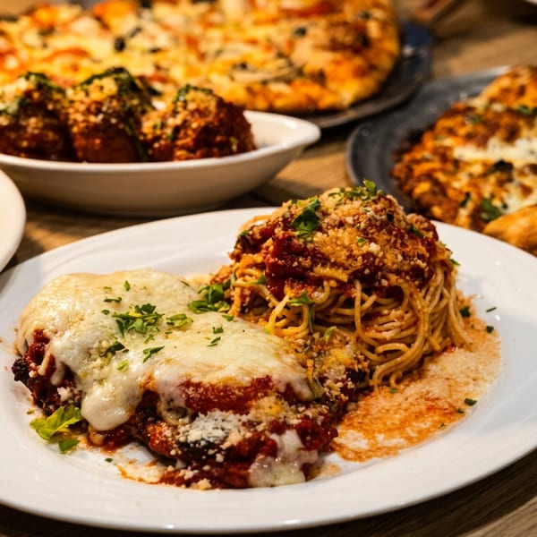 A table laden with Italian dishes: chicken parmesan, spaghetti, mussels, meatballs, and two pizzas.