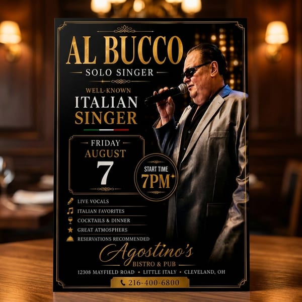 A flyer for Al Bucco, an Italian singer performing at Agostino's Bistro & Pub, on a restaurant table.