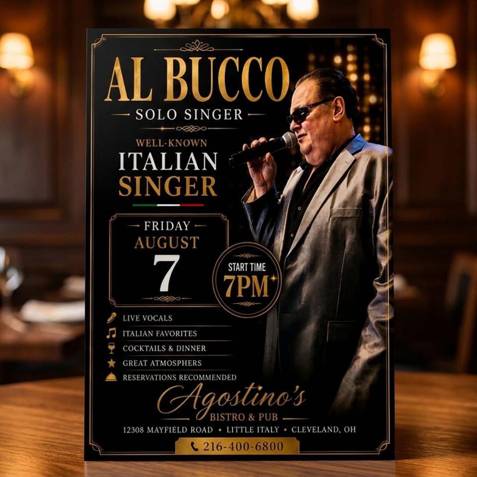 A flyer for Al Bucco, an Italian singer performing at Agostino's Bistro & Pub, on a restaurant table.