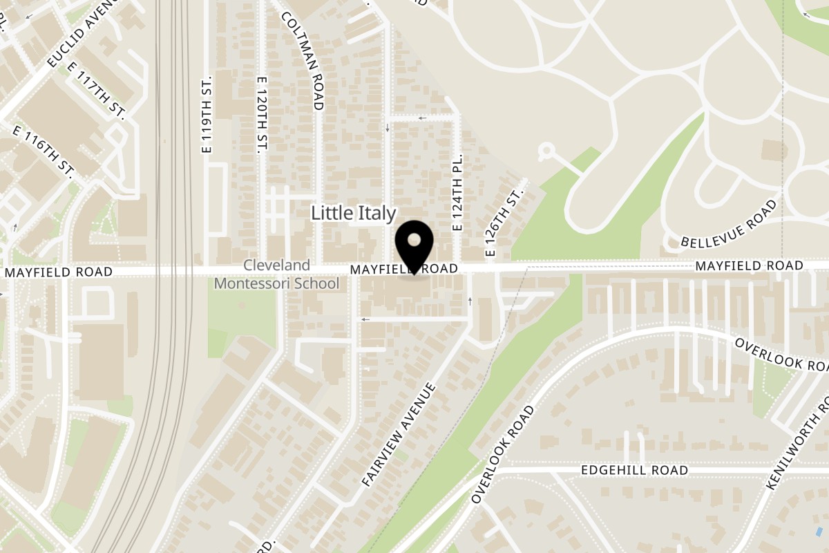 Map showing the location of Agostino's Bistro & Pub on 12308 Mayfield Rd in Cleveland